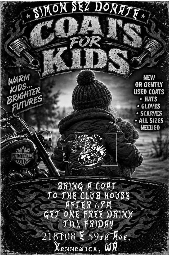 Coats for Kids coat drive flyer — Simon Sez Donate, bring a coat to the clubhouse in Kennewick WA, after 6 PM through Friday