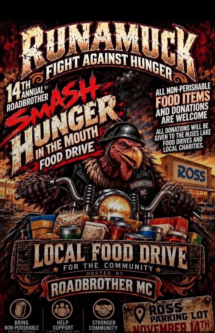 Runamuck Smash Hunger in the Mouth food drive flyer — Roadbrother MC, November 14, Ross parking lot, Moses Lake WA