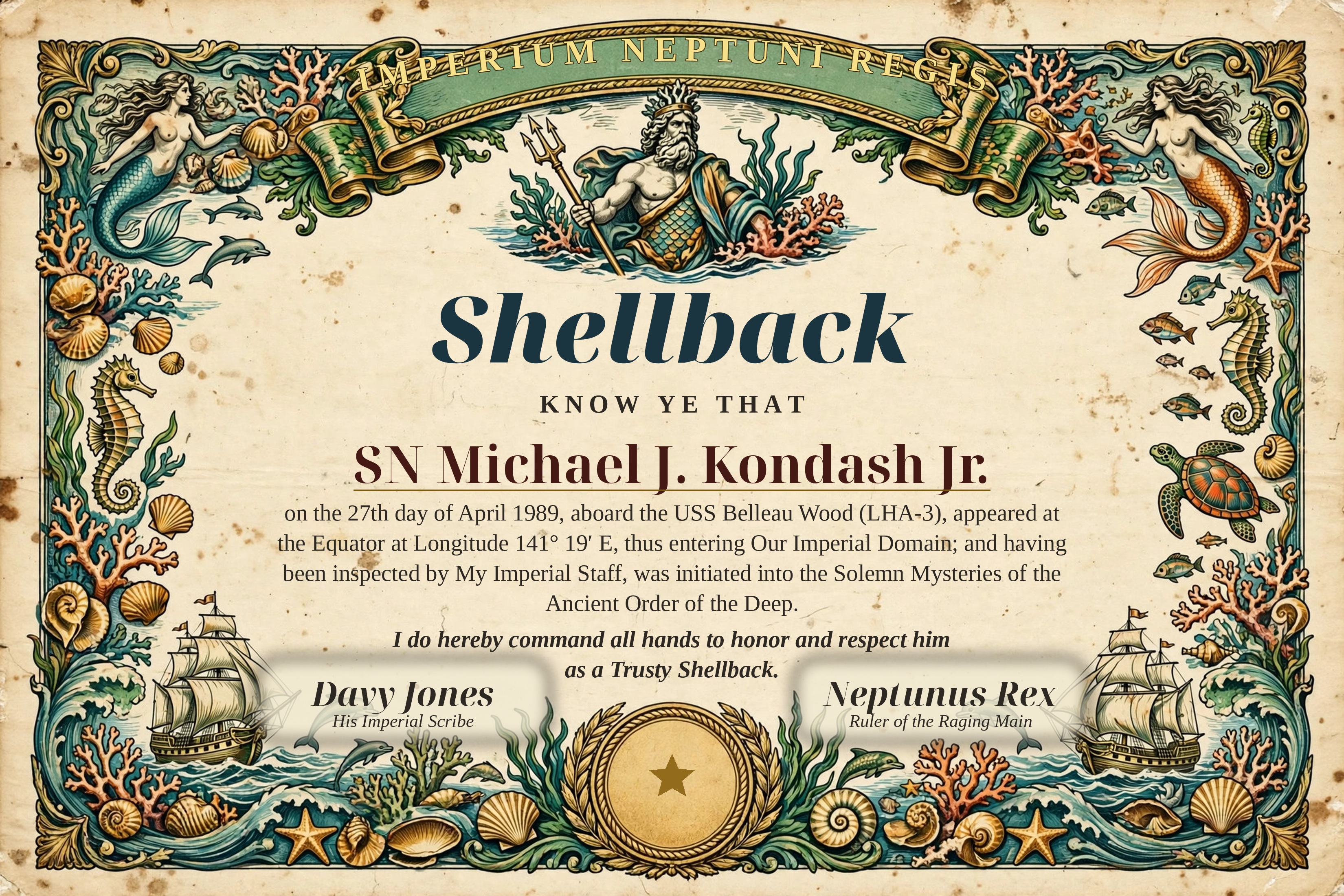 Shellback certificate of SN Michael J. Kondash Jr., USS Belleau Wood (LHA-3), April 27, 1989