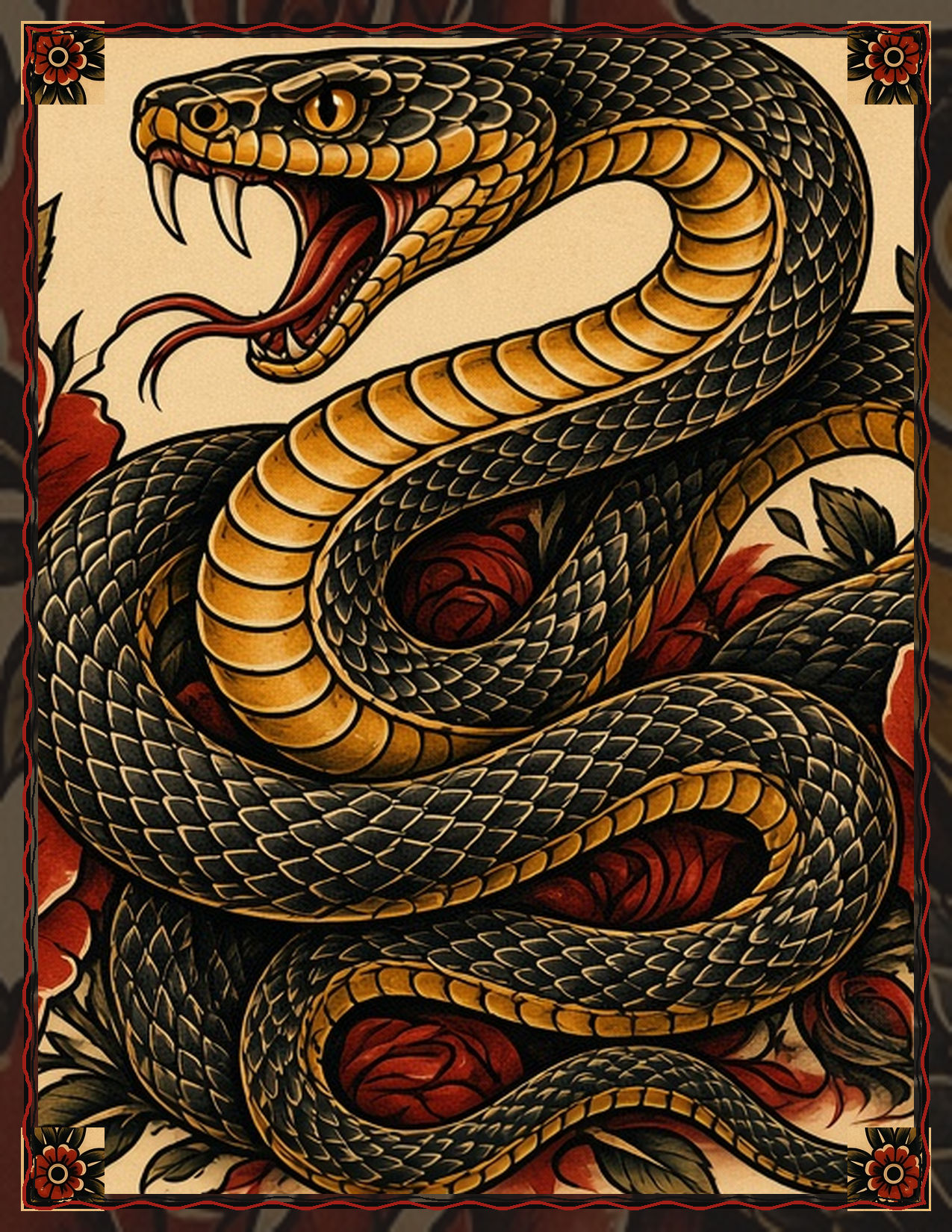 Snake & Roses tattoo flash