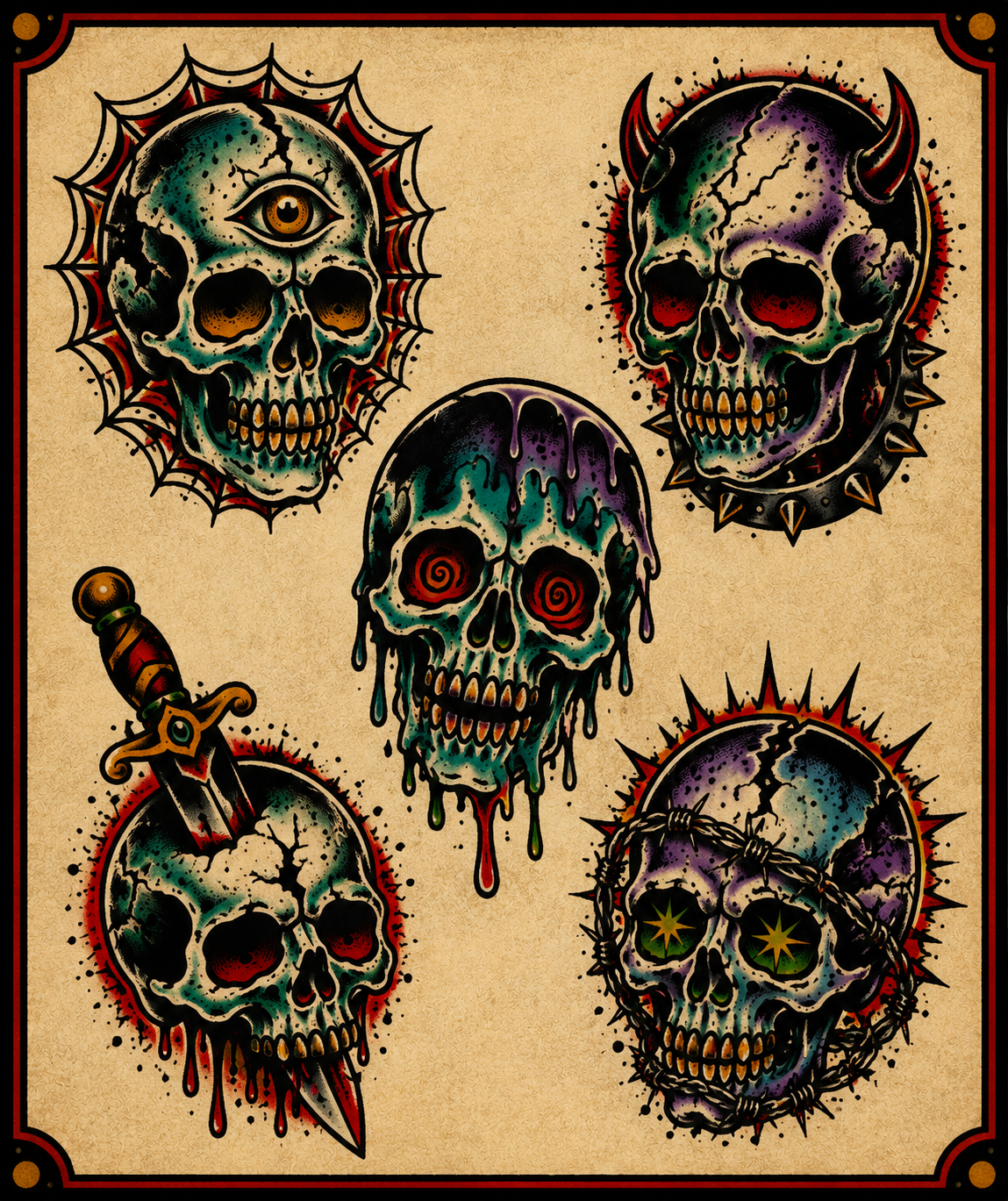 Teal Purple Skulls A tattoo flash