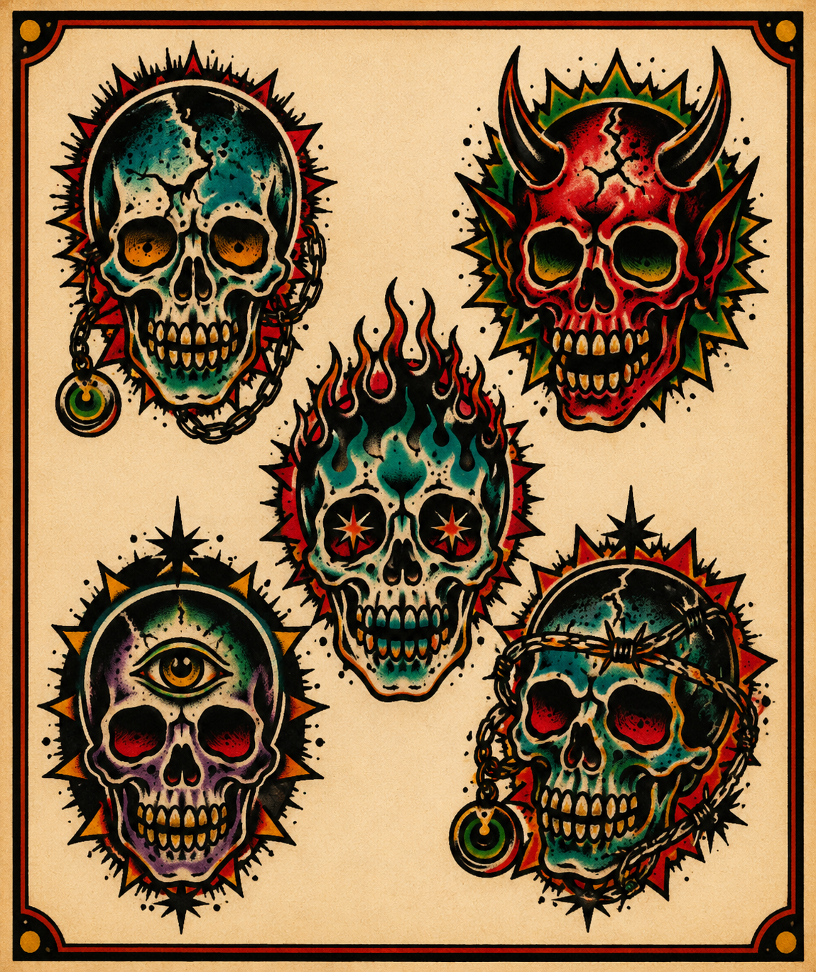 Teal Purple Skulls B tattoo flash