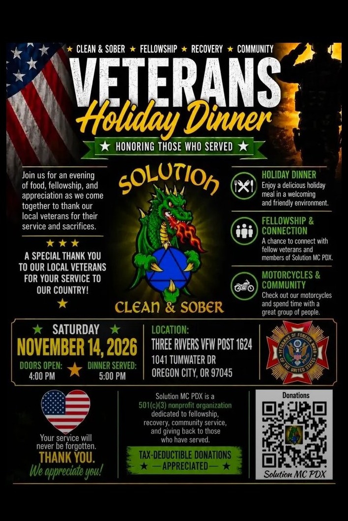 Veterans Holiday Dinner flyer — Solution MC PDX, Saturday November 14 2026, Three Rivers VFW Post 1624, Oregon City