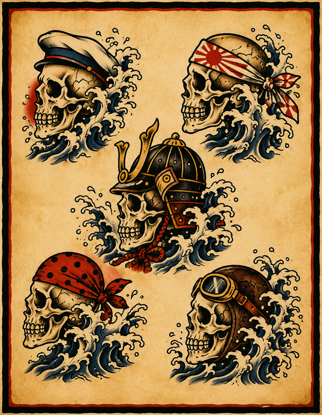 Wave Skulls tattoo flash