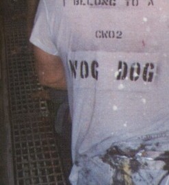 Back of a pollywog's t-shirt reading WOG DOG during the Shellback initiation, USS Belleau Wood 1989